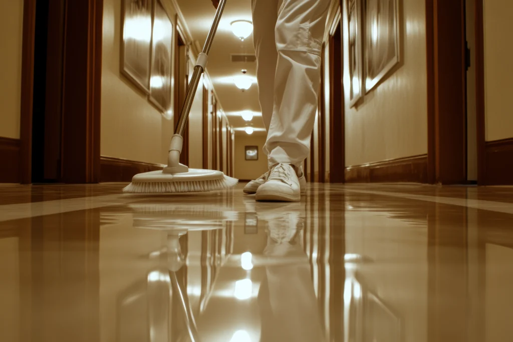 A cleaner mopping a polished hallway