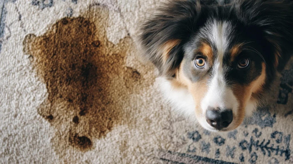 A dog beside a stain on a light carpet