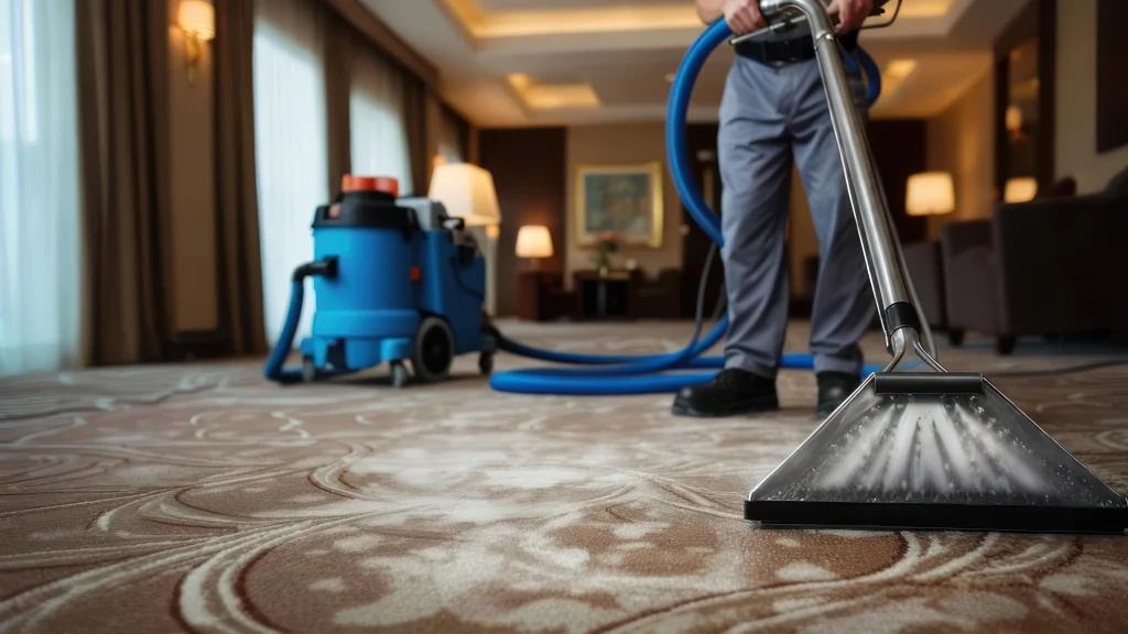 A cleaner extracting a hotel carpet