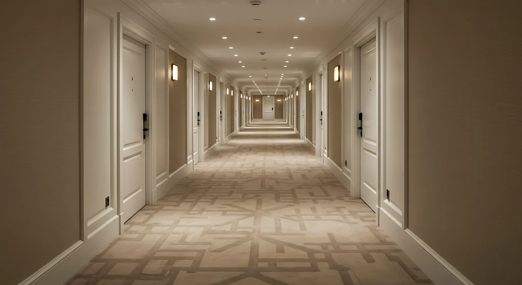 A long hotel corridor with patterned carpet