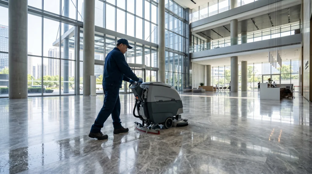 A cleaner running a floor scrubber across an office lobby