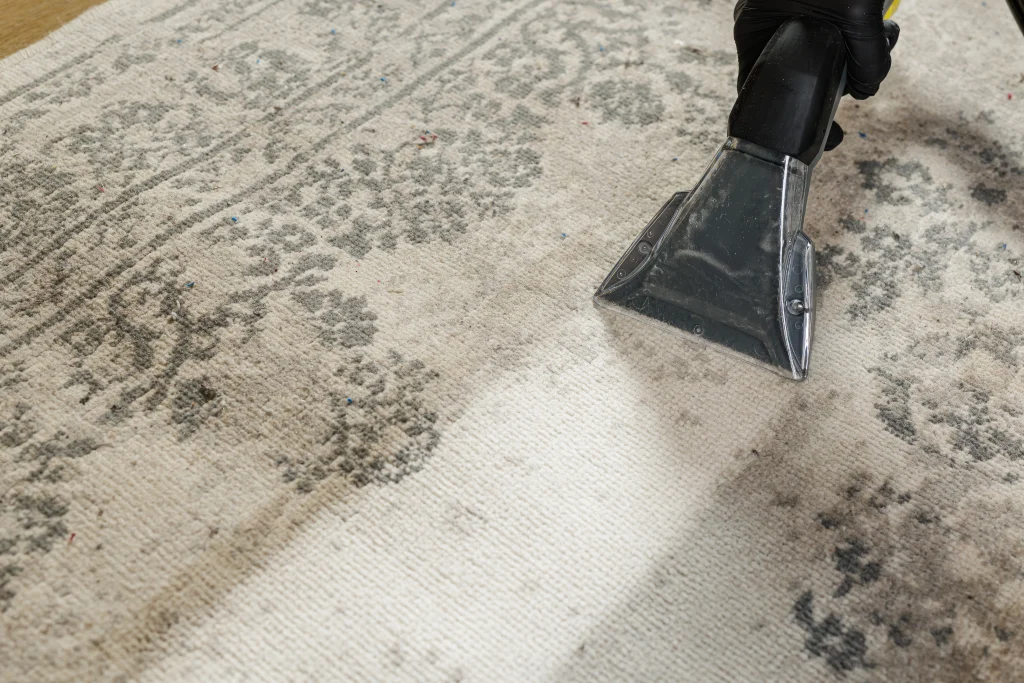 Extraction wand cleaning a patterned rug