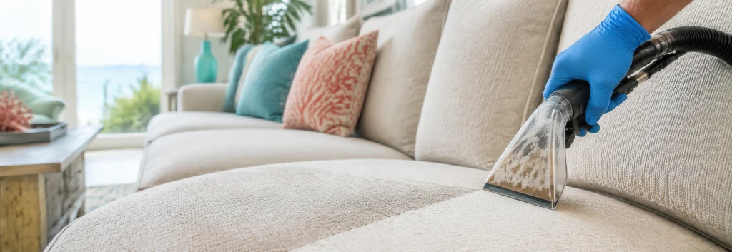 Cleaning a fabric sofa with an upholstery tool