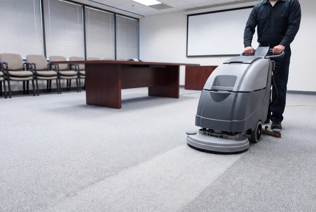 A floor scrubber cleaning office carpet