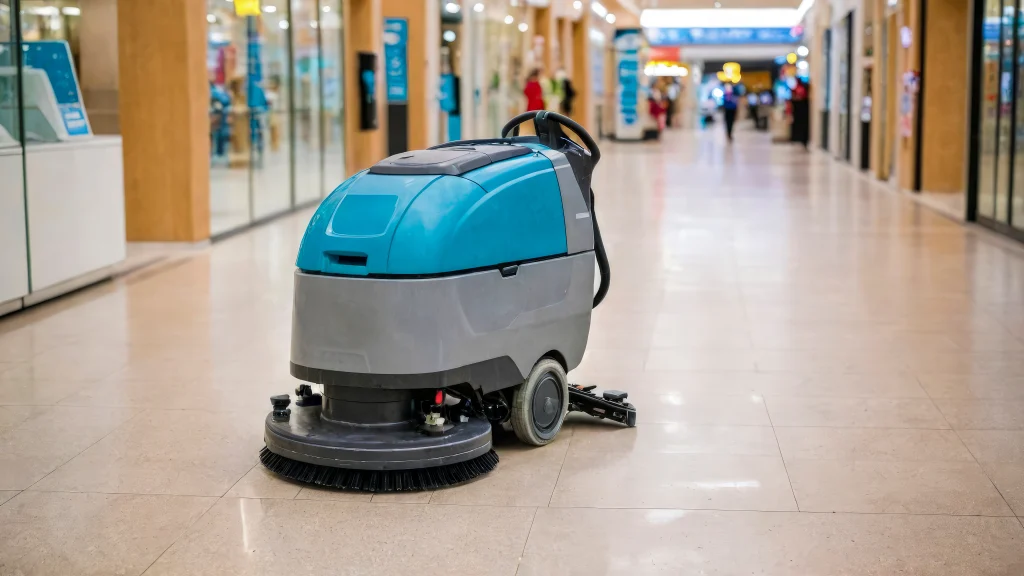 A floor scrubber in a shopping mall corridor