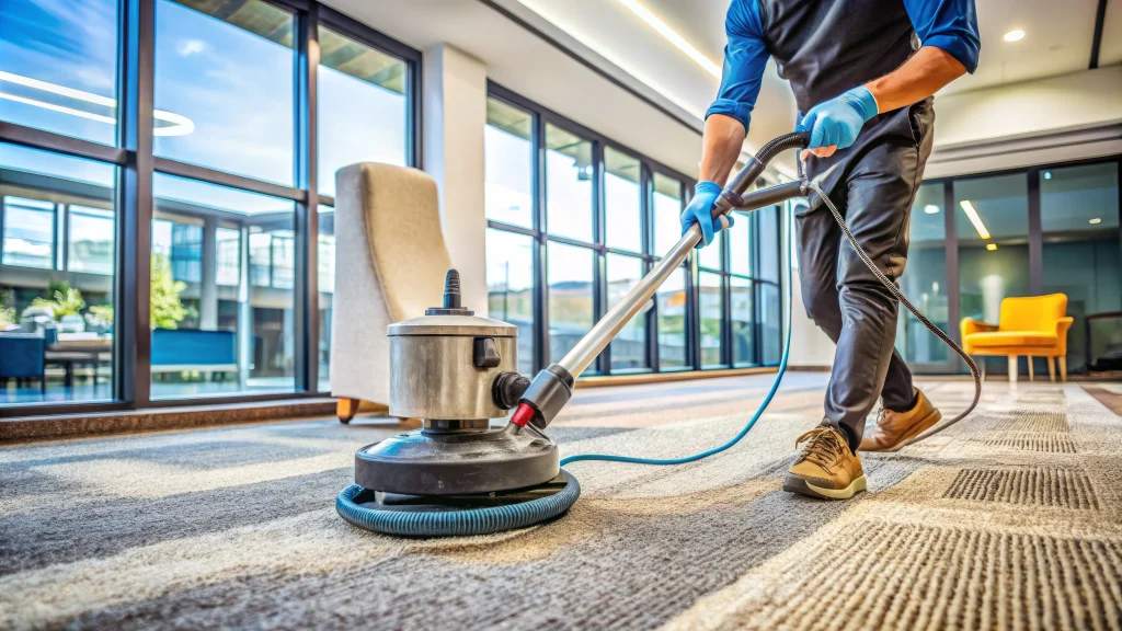 A cleaner operating a carpet machine in an office