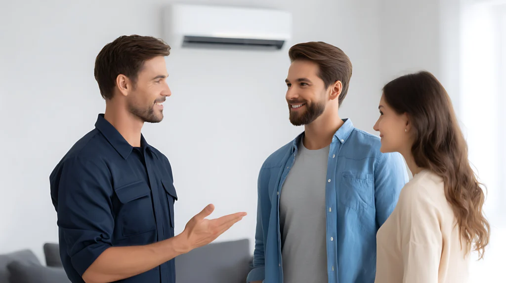 HVAC technician consulting with smiling couple in living room. Professional worker in uniform explaining air conditioner maintenance to customers. Home service and repair concept